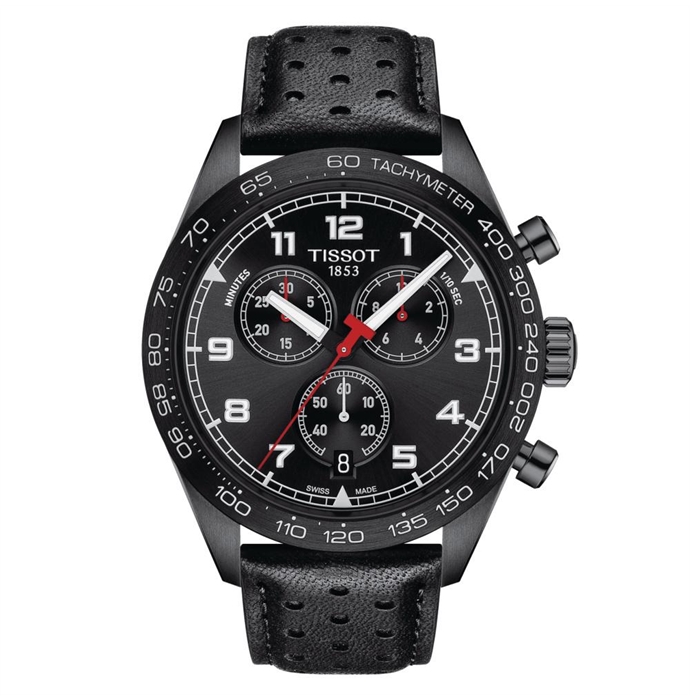 Men Black Leather Chronograph Watch T1316173605200