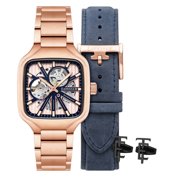 Men Brass Skeleton Bracelet Style Analogue Automatic Motion Watch ES-8294-88-Blue