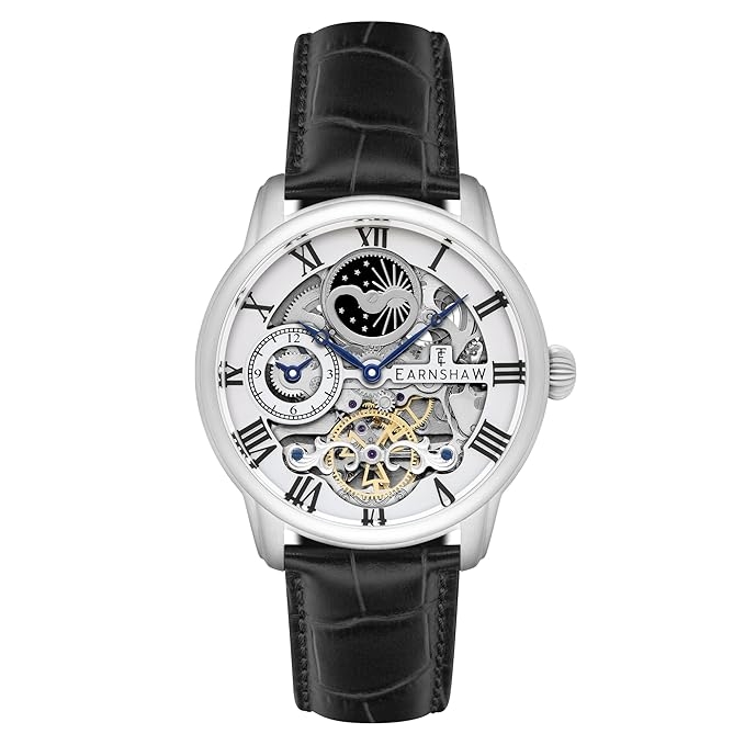 Men Silver-Toned Skeleton Dial & Black Leather Straps Analogue Watch - ES-8006-01