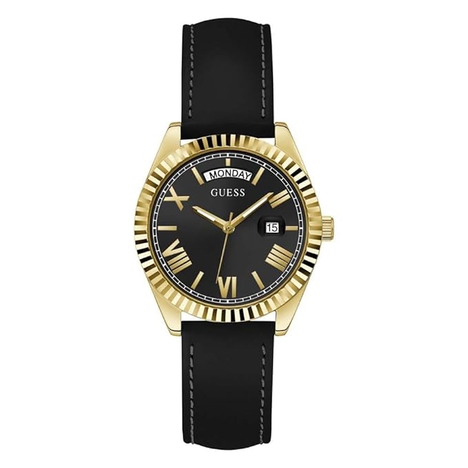 Women Gold-Toned Embellished Dial & Black Leather Straps Analogue Multi Function Watch GW0357L1